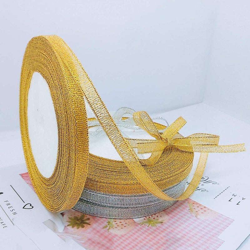 Oubaka 4 Roll Glitter Metallic Ribbon Gold Silver Glitter Ribbon for Gift Crafters Wedding Party Birthday Wrap Hair Bows Floral Projects Wrapping Decorations DIY Crafts Arts(1/4inx22m) - Image 2
